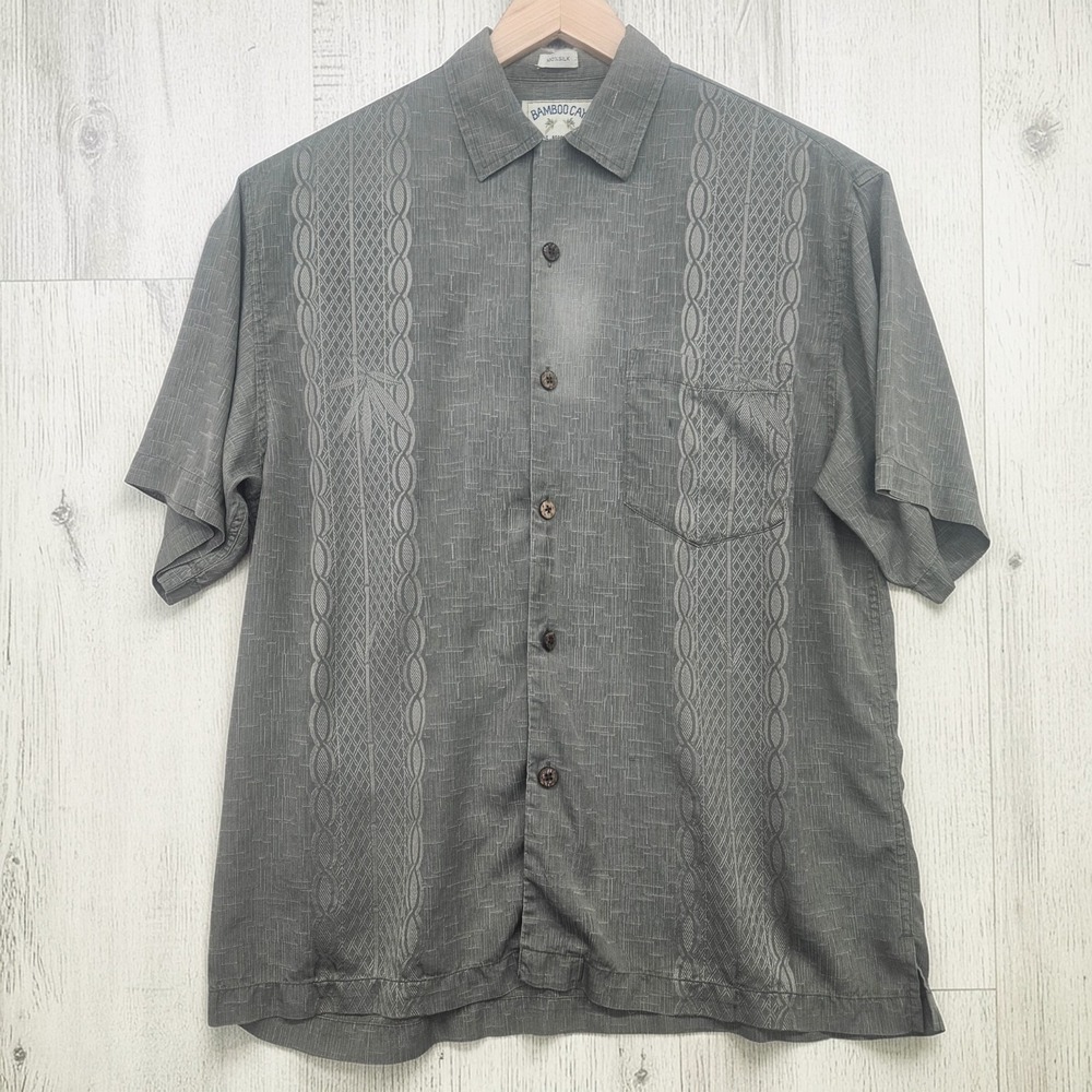 Bamboo Cay Silk Shirt Mens M Olive Green Embroidered Resort Camp Hawaiian Beach - Picture 1 of 13